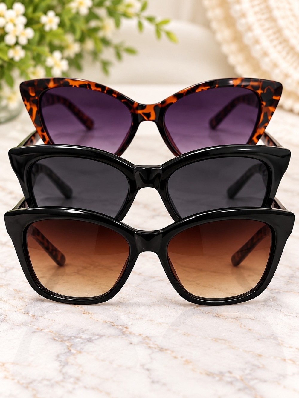 3 Pair Cat Eye Sunglasses Set UV400 Black Tortoise Brown Purple